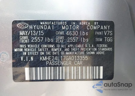 2016 Hyundai Sonata Hybrid Se z USA, uszkodzony, nr VIN KMHE24L17GA013355